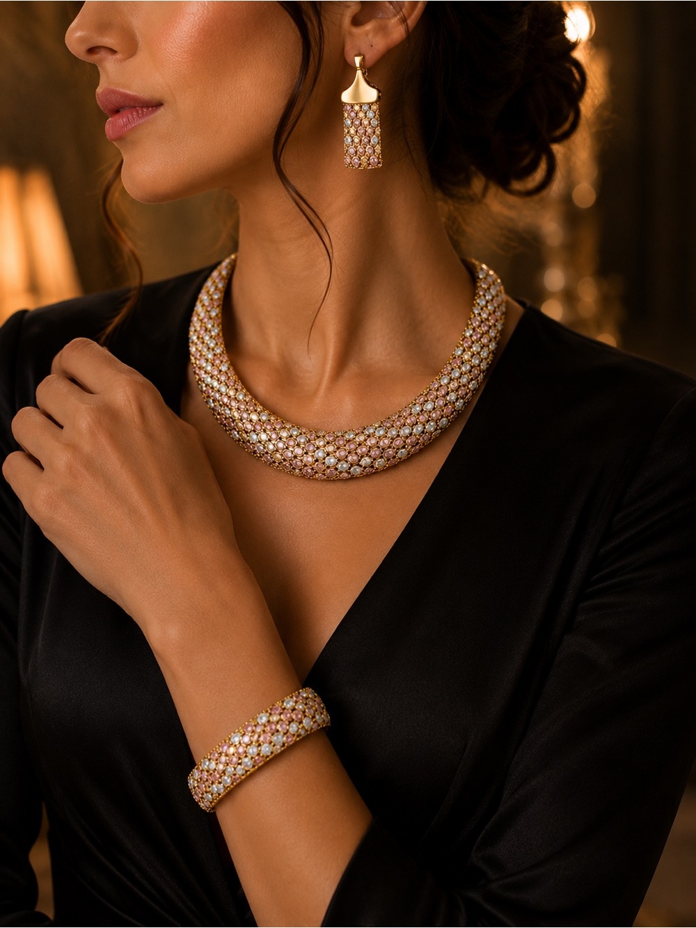 Gold-Tone Multicolor Crystal Collar Necklace — Statement Luxury